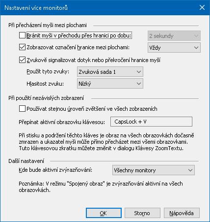 90 Dialog Nastavení více monitorů Nastavení Popis Při přecházení myši mezi plochami Bránit myši v přechodu přes hranici po dobu Zobrazovat označení hranice mezi plochami Zvukově signalizovat dotyk