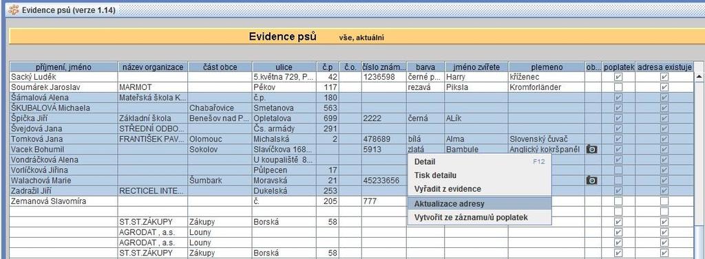 V případě, že adresa neexistuje není zatrženo, je potřeba u těchto záznamů aktualizovat adresu majitele a to na detailu přes tlačítko Změny - poplatky. 1.