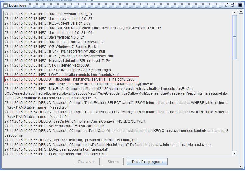 V otevřené logu pak vyhledáme informaci o spuštění webových služeb. Údaj o portu, na kterém webové služby běží, si poznamenáme pro nastavení parametrů v programu KEO-W.