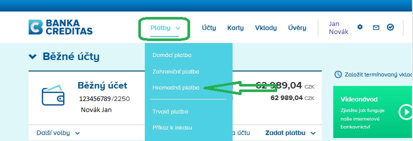 4 IMPORT SOUBORU V INTERNETOVÉM BANKOVNICTVÍ BANKY Soubor se vkládá do Internetového bankovnictví Banky CREDITAS