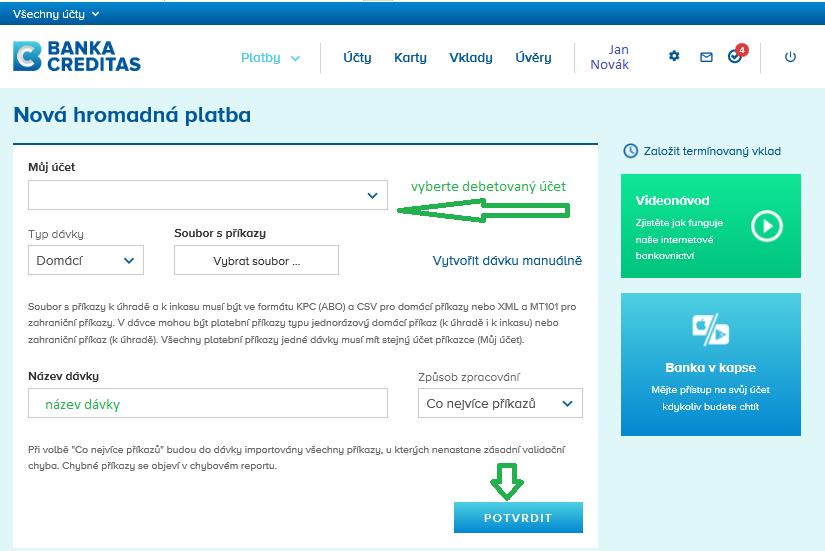 1: Import souboru v internetovém bankovnictví banky Pojmenování dávky je určeno pouze pro přehled v Seznamech
