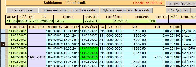 je soubor s celou historií závazků a pohledávek. Program umožňuje odkládat spárované, ale i nespárované položky do archivu. Standardně se pracuje pouze s aktuálním saldokontem.