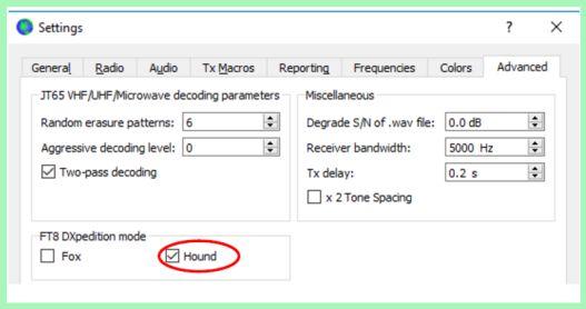 3 2. Vyberte Hound pod FT8 DXpedition mode na kartě