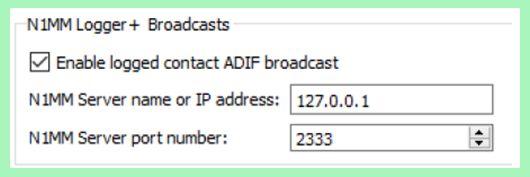 8 13.Pro poslání uložených QSOs přímo do to N1MM Logger+, jděte do Settings Reporting, označte Enable logged contact ADIF broadcast, a vložte IP adresu a číslo portu použité v N1MM serveru 14.