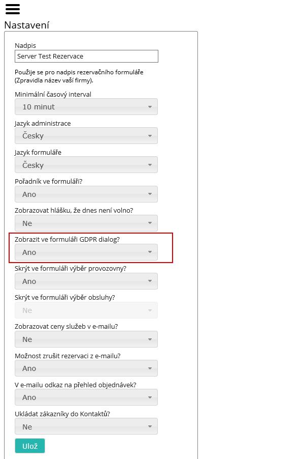 4. GDPR a rezervační systém UnisBook - V administraci rezervací (www.rezervace.hairsoft.cz) vyberte z menu Nastavení a dále překlikněte na Ano ve výběru Zobrazit ve formuláři GDPR dialog?