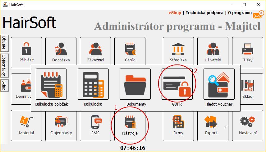 1. Formulář pro nové zákazníky - Na INDEXU programu klikneme na nové menu NÁSTROJE - Vybereme ikonu GDPR a klikneme - Vygeneruje se tisková sestava, která je připravená pro A4 tisk (4x prázdný