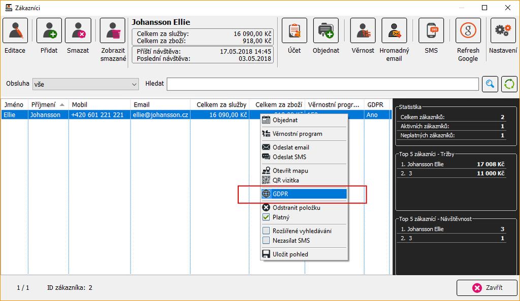 2. Formulář pro stávající zákazníky - Otevřeme menu ZÁKAZNÍCI (z INDEXU, z OBJEDNÁVEK ) - Vybereme stávajícího zákazníka a dáme na něj pravé tlačítko myši - Vybereme ikonu GDPR a klikneme -