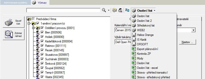 TISK DOCHÁZKOVÝCH DAT Tento modul slouží k tisku údajů z docházkového systému, k exportu přehledů do tabulek aplikace MS Excel, k tvorbě datových souborů pro další počítačové zpracování (např.