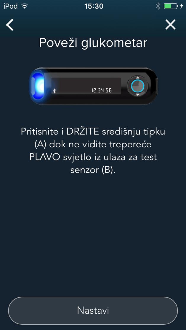 3. Spárování glukometru Stiskněte a podržte středové tlačítko na glukometru CONTOUR