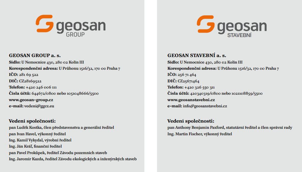3.3 Restrukturalizace společnosti Dne 1. 10. 2015 došlo k restrukturalizaci skupiny GEOSAN a dále vedle sebe působí dvě společnosti, a to společnost GEOSAN STAVEBNÍ a.s. a společnost GEOSAN GROUP a.s. Akcionáři společnosti GEOSAN STAVEBNÍ a.