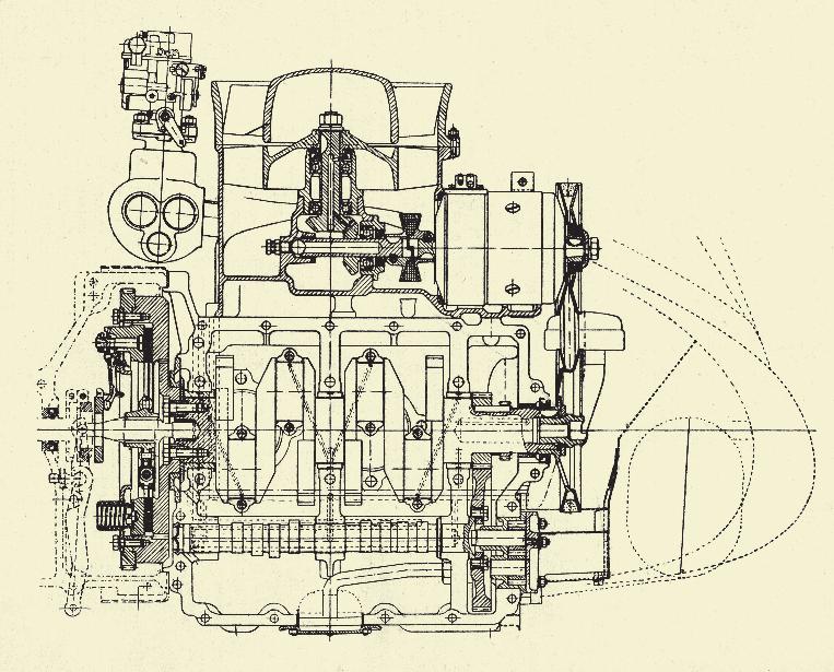 Kresba Tatra slavné motory TATRA 600 (1948) Vzduchem chlazený plochý zážehový čtyřválec pro osobní automobil T 600 Tatraplan v