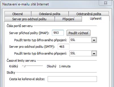 V části Informace o serveru postupujte takto: Do pole Server příchozí pošty (IMAP) zadejte imap.gmail.com Do pole Server pro odchozí poštu (SMTP) zadejte smtp.gmail.com N a kartě Upřesnit změňte čísla portu protokolů: Pro protokol IMAP nastavte port 993.