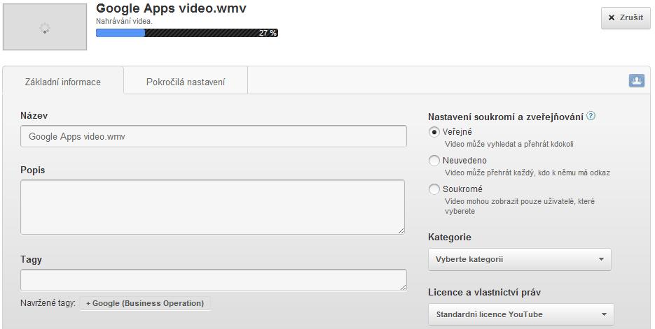 Už během nahrávání můžete doplnit informace o videu. Mezi základní informace patří: Název základním názvem videa bude název souboru, ze kterého jste video nahráli.