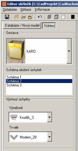 CAD Kuchyně > Editor skříněk Po zadání úhlu klepněte na OK, úchytka se zobrazí v poli náhledu. Na jedna dvířka můžete umístit i více úchytek. Zadejte úchytky i pro další schémata.