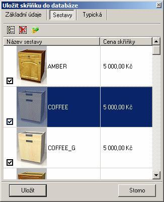 CAD Kuchyně > Editor skříněk Zařazení do sestav Na kartě Sestavy můžete skříňku zařadit do sestav skříněk a specifikovat její cenu, která se