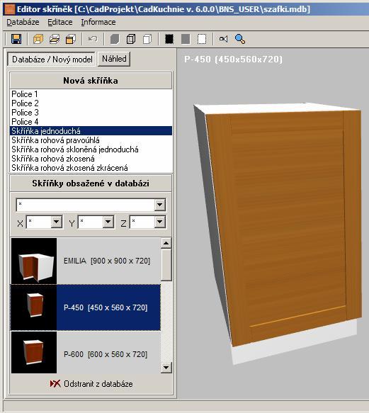 Editace navržených skříněk CAD Kuchyně > Editor skříněk Seznam všech navržených skříněk je k dispozici v levém spodním panelu dialogového okna Editor skříněk na kartě Databáze: Chcete-li některou