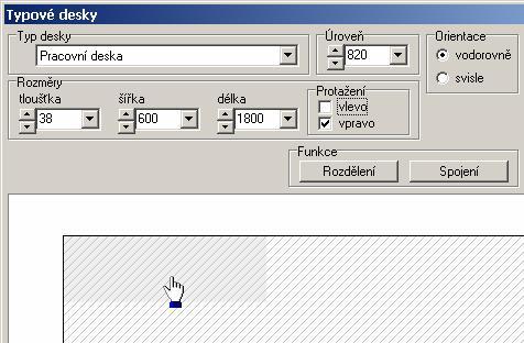 CAD Kuchyně > Pracovní desky směrem dopředu. Při změně délky desky můžete přepínači Vlevo a Vpravo v rámečku Protažení definovat, na kterou stranu se bude deska prodlužovat.