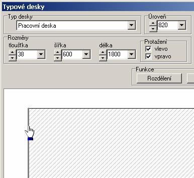 CAD Kuchyně > Pracovní desky V dialogovém okně najeďte myší na některou stranu desky, program stranu zvýrazní tlustou šedou čarou a kurzor myši se změní na symbol dlaně: Klepněte myší, šedě