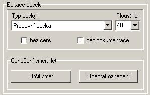 CAD Kuchyně > Dokumentace pracovních desek V rámečku Editace desek se zadávají parametry vybraných desek: Desky vybírejte levým tlačítkem myši.