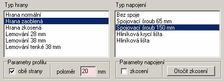 V rámečku Editace hran a napojení můžete navrhnout úpravu vybraných hran desek a způsob provedení spojů desek na vybraných hranách. Hrany a spoje se vybírají levým tlačítkem myši.