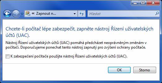 CAD Kuchyně > Instalace Klepněte na položku Zapnout nebo vypnout nástroj Řízení uživatelských účtů: Zrušte zaškrtnutí přepínače K zabezpečení počítače použijte nástroj Řízení uživatelských účtů.