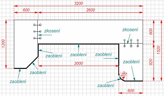 CAD Kuchyně > Dokumentace pracovních desek uchopení jako malý šedý kroužek. Klepněte myší na zobrazený bod uchopení, podržte tlačítko myši a posuňte myší šipku nebo text popisu na požadované místo.