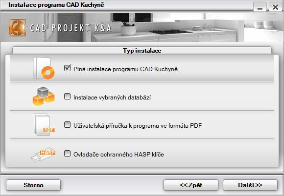 zaškrtněte Akceptuji znění licenční smlouvy a klepněte na tlačítko Další. V dalším okně můžete zvolit typ instalace: Zaškrtněte Plná instalace programu CAD Kuchyně a klepněte na Další.