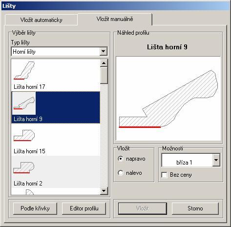 Lišty vložené manuálně Manuálně lze lišty vkládat z karty Vložit manuálně: CAD Kuchyně > Lišty Předpokladem manuálního vložení lišty je nakreslení trasy, podél které bude lišta vygenerována.