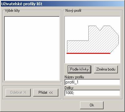 CAD Kuchyně > Lišty V dialogovém okně Lišty na kartě Vložit manuálně klepněte na tlačítko Editor profilu. Otevře se dialogové okno Uživatelské profily lišt: Klepněte na tlačítko Podle křivky.