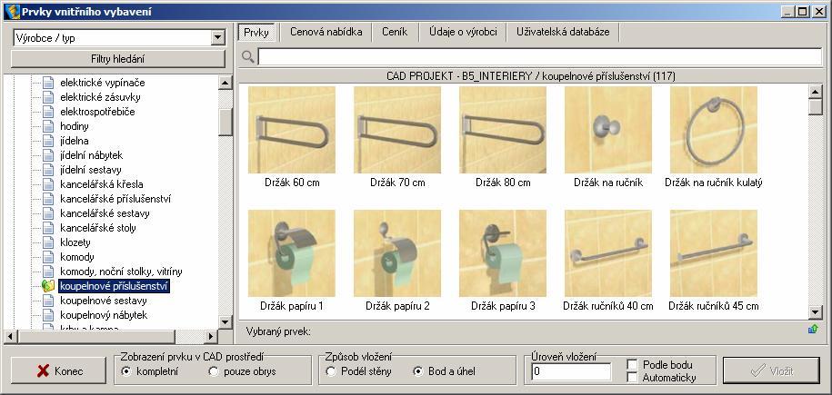 K dispozici jsou jednak výrobní programy významných výrobců, jednak databáze prvků obecného charakteru, které vám umožní navrhovat nejen koupelny, ale i jiné bytové a kancelářské prostory.