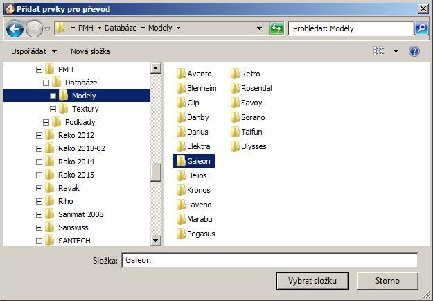 CAD Kuchyně > Převodník prvků Tlačítkem Přidat složku otevřete standardní dialogové okno Windows pro výběr složky: Vyhledejte na disku složku se soubory modelů a klepněte na tlačítko Vybrat složku.