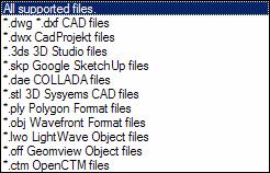 Formáty prvků Převodník dovede zpracovat data mnoha formátů, ve výsuvné nabídce Soubory typu jsou k dispozici tyto možnosti: Formát DWG Základním formátem 3D modelů pro import do programu stále