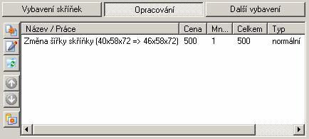 CAD Kuchyně > Rozpočet Opracování skříňky Klepnete-li na tlačítko Opracování, v dialogovém okně se objeví seznam prací, které navyšují základní cenu skříňky: Chcete-li upravit vybranou