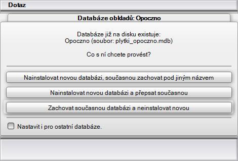 CAD Kuchyně > Instalace Pokud program zjistí, že databáze, kterou se chystá nainstalovat, již na disku je z předchozí instalace CAD Kuchyní, zobrazí následující dotaz: V záhlaví okna je zobrazen