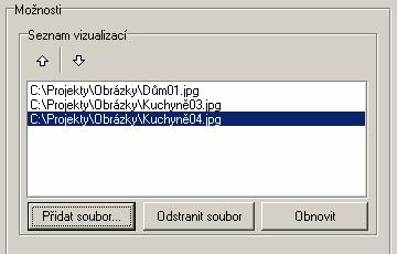 CAD Kuchyně > Dokumentace projektu Vizualizace Obsah rámečku Možnosti po výběru položky Vizualizace: Po stisku tlačítka Přidat soubor se otevře standardní dialogové okno operačního systému, ve kterém