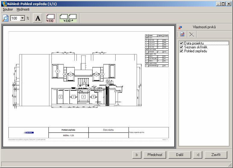 CAD Kuchyně > Dokumentace projektu Pak se budou postupně zobrazovat jednotlivé listy vygenerované dokumentace, které mohou vypadat např.