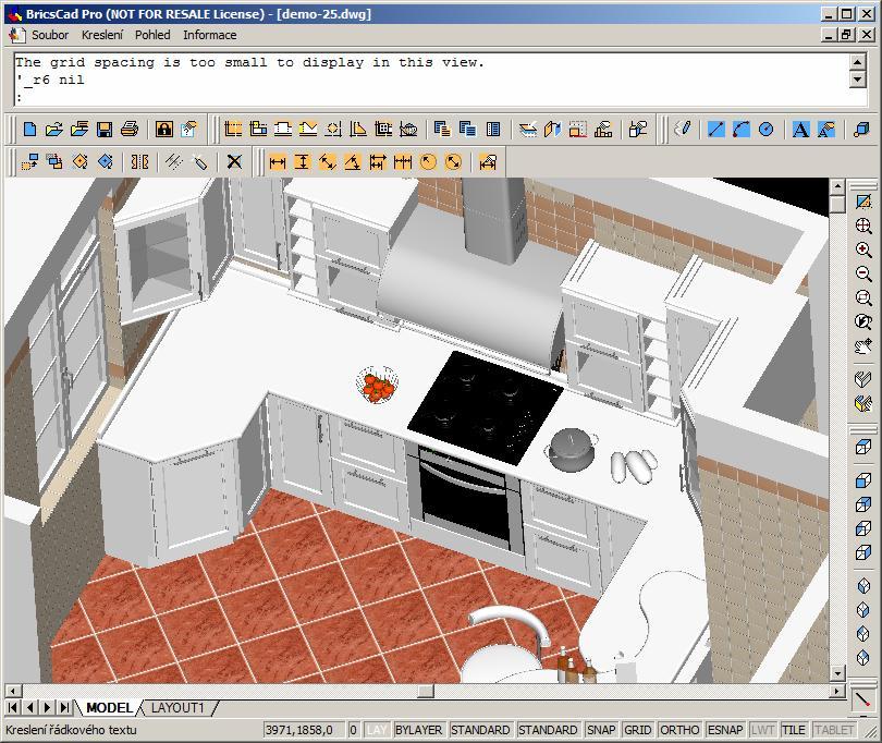 Rychlá vizualizace CAD Kuchyně > Rychlá vizualizace V návrhovém prostředí IntelliCADu, kde je navržená místnost zobrazena drátově se vám občas může přihodit, že ztratíte orientaci a nebudete si