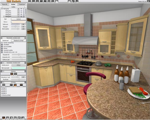 CAD Kuchyně > Vizualizace Vizualizace Vizualizaci navržené kuchyně zapnete klepnutím na ikonu Pohled > Vizualizace projektu. Výbava nástroji pro obkládání se liší podle zakoupeného modulu.