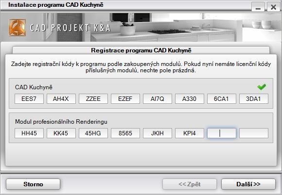 CAD Kuchyně > Instalace V závěru instalace musíte zadat licenční kód programu, který jste obdrželi společně s instalačním DVD: Po zadání kódů klepněte na tlačítko Další.