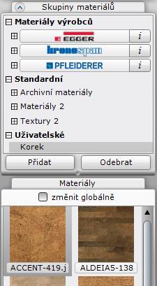 CAD Kuchyně > Vizualizace Přiřazení textury Při pokládání textur na objekty v projektu postupujte takto: V panelu Skupiny materiálů vyberte skupinu, ze které chcete textury vybírat, např.