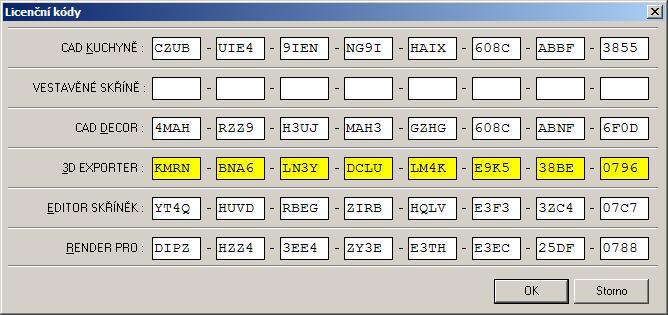 CAD Kuchyně > Instalace Otevře se dialogové okno pro zadání licenčních kódů: Okno je připraveno pro CAD Decor