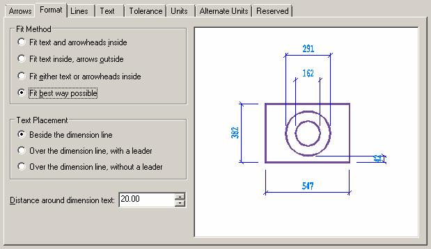 CAD Kuchyně > Nastavení kót Klepněte na kartu Format: Zaškrtněte možnosti Fit best way possible (= Umístit nejvhodnějším způsobem) a Beside the dimension line (= Podél kótovací čáry).