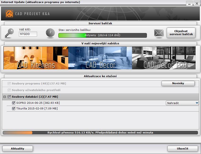 Aktualizační program Na následující obrázku je zobrazeno dialogové okno aktualizačního programu: CAD Kuchyně > Instalace V panelu Servisní balíček jsou aktuální informace o vaší licenci programu -