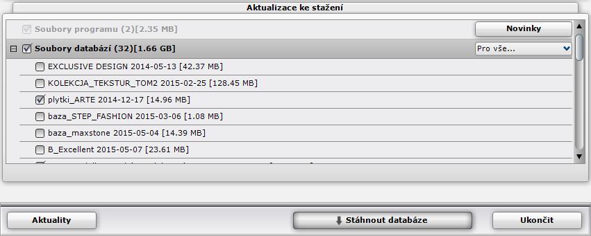 CAD Kuchyně > Instalace Jsou-li k dispozici nové databáze nebo nové verze dříve nainstalovaných databází, zobrazí se jejich seznam v sekci Soubory databází: Zaškrtněte přepínače před názvy databází,