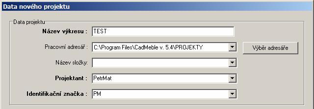 Po klepnutí na ikonu Nový návrh se otevře dialogové okno Data nového projektu: Zadejte název výkresu, jméno projektanta a jeho identifikační značku (zvýrazněné údaje) a klepněte na tlačítko Nový.