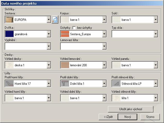 vzhledu dvířek) a v seznamu materiálů vlevo dole zvolte vzhled dvířek. Pak klepněte na tlačítko Další. Program založí nový projekt a otevře prázdný výkres projektu.