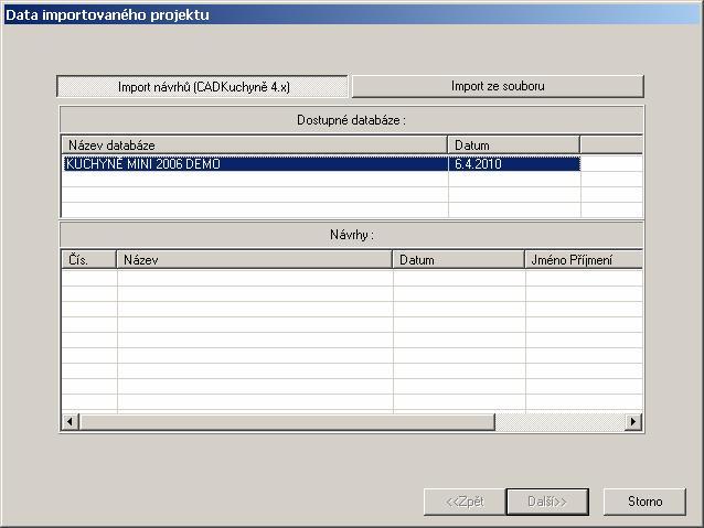 CAD Kuchyně > Správa projektů Import Tlačítkem můžete importovat starší projekt z programu CAD Kuchyně 4 nebo přímo výkres DWG s návrhem kuchyně.