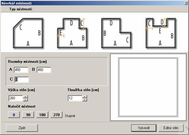 CAD Kuchyně > Kreslení místností Návrhář místnosti Dialogové okno Návrhář místnosti otevřete tlačítkem Návrhář místnosti.