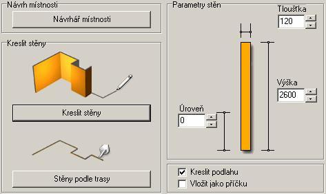 V horní části okna jsou typické půdorysy místností. Pokud vám žádný z těchto předdefinovaných půdorysů nevyhovuje, musíte v dialogovém okně Modelování místnosti zvolit jinou metodu kreslení stěn.