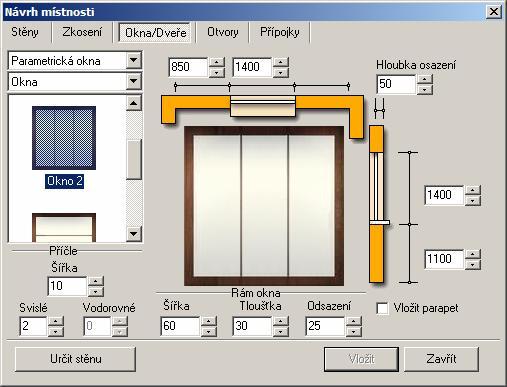 CAD Kuchyně > Kreslení místností Parametrická okna Vyberete-li z první výsuvné nabídky vlevo nahoře položku Parametrická okna, změní se obsah dialogového okna: Pod seznamem typů oken se objevily